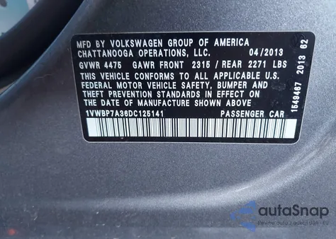 2013 Volkswagen Passat 2.5L Se из США, поврежденный, VIN 1VWBP7A36DC125141